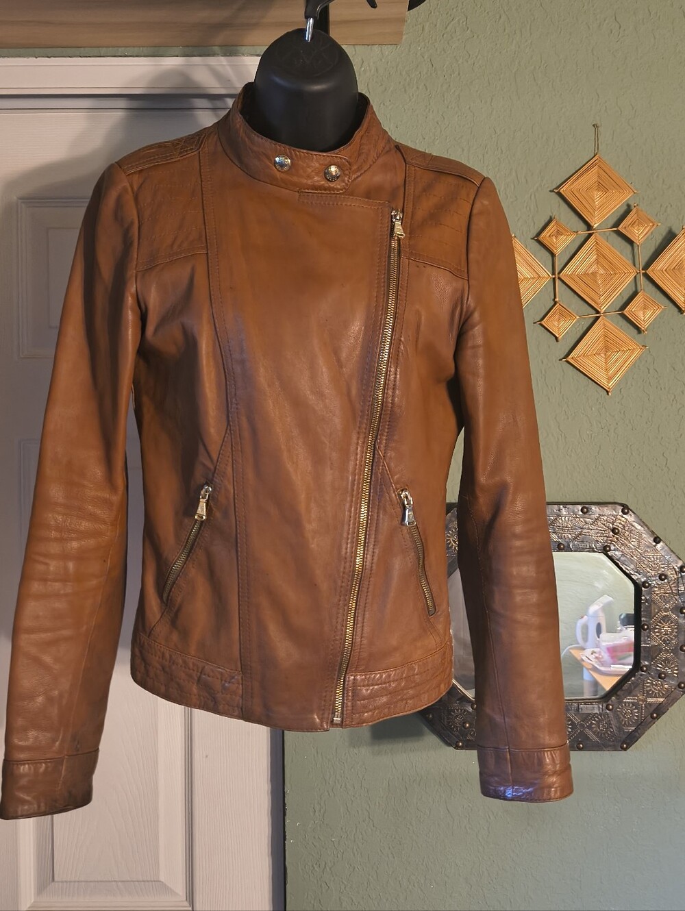 Guess Genuine Leather Cognac Asymmetrical Zip Moto Jacket Size S As-Is